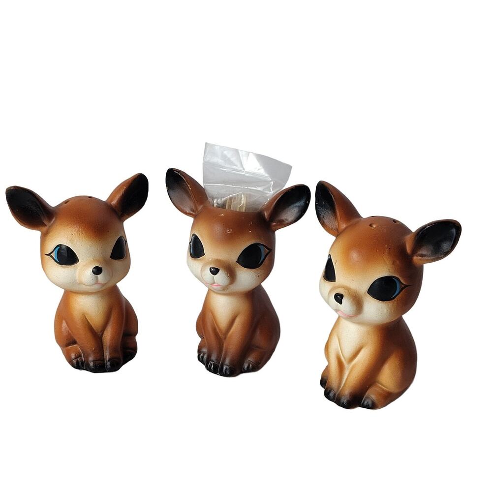 Deer Fawn Salt Pepper Shakers Toothpick Holder Set Ceramic Vintage